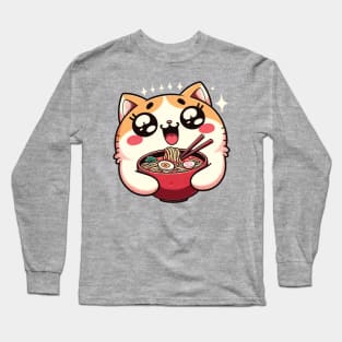 Cute Anime Kawaii Neko Cat Eating Ramen Long Sleeve T-Shirt